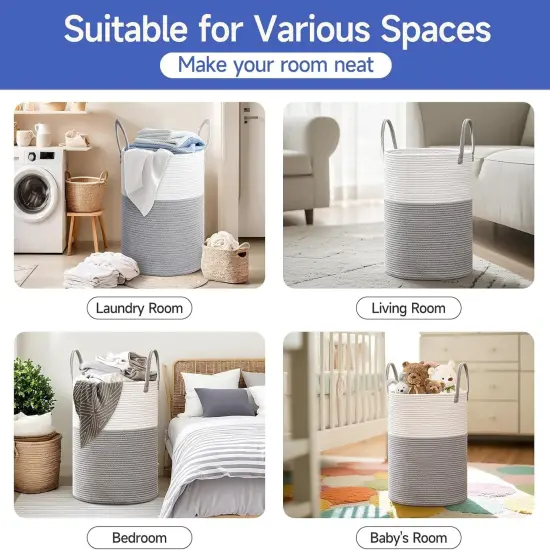 60L Laundry Hamper with Handles,Decorative Blanket Basket Tall Woven Rope Storage Basket for Dirty Clothes,Toys,Blankets in Living Room, Bathroom&Bedroom {3}