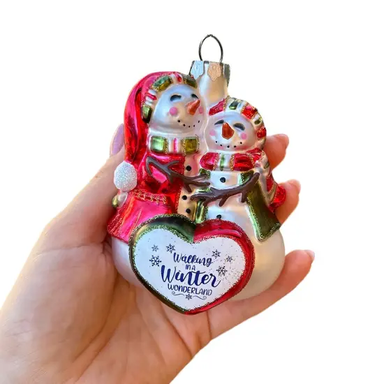 Heartwarming Snowman Couple Glass Ornament, Walking in a Christmas Wonderland Romantic Tree Decor {4}
