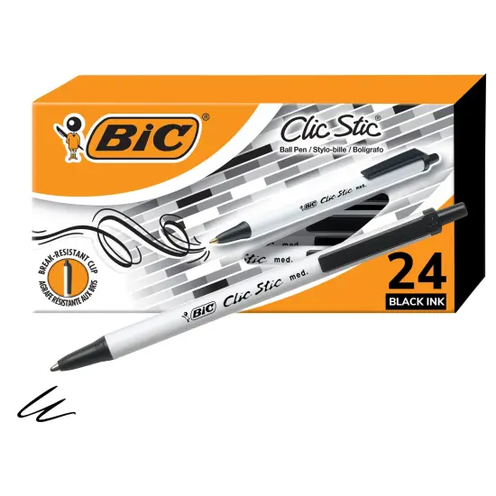 BIC Clic Stic Black Retractable Ballpoint Pens, Medium Point (1.0mm), 24-Count Pack, Round Barrel Design for Comfortable Writing {2}