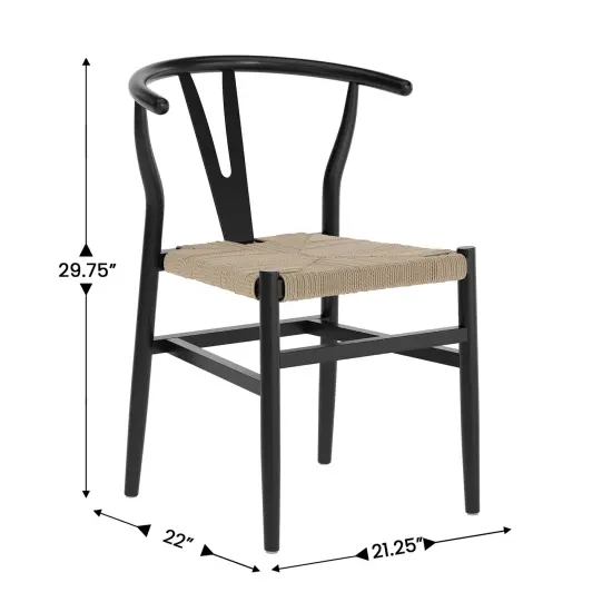 Merrick Lane Staci Set of 2 Stack Dining Chairs with Y-Back Style Design, Solid Wood Frames, Woven Kraft Paper Rope Seats BlackFrame/Natural {5}