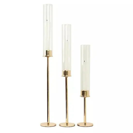 3 Metal 16" 20" 24" Hurricane Taper Candle Holders Clear Cylinder Glass Party {1}