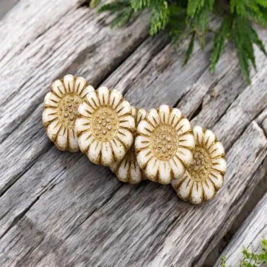 *12* 13mm Dark Bronze Washed Opaque Ivory Sunflower Coin Beads {2}