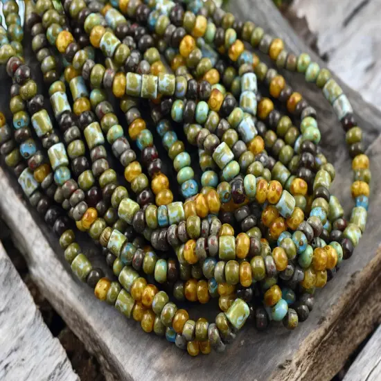 6/0 Aged Azul Heart Picasso Czech Glass Seed Bead Bugle Mix (21" Strand) {5}