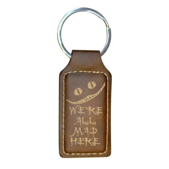 Keychain - Rectangle - We're all mad here - Leather Black/Silver {4}