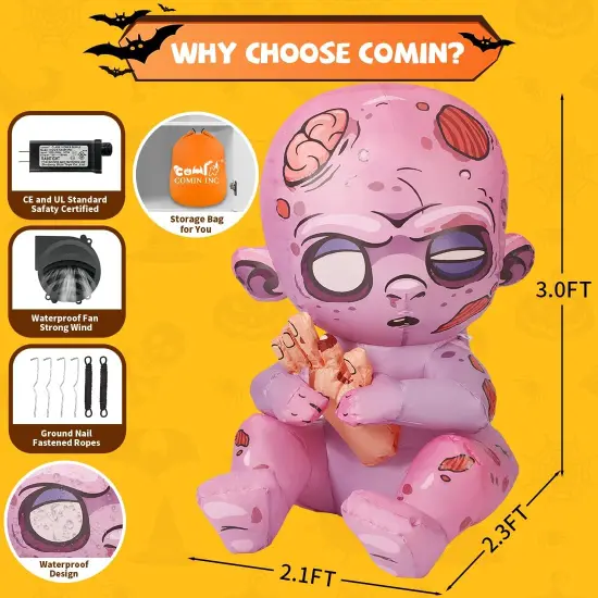 GOOSH 3 FT Halloween Inflatables Zombie Baby Outdoor Decorations Blow Up Yard with Built-in LEDs {6}