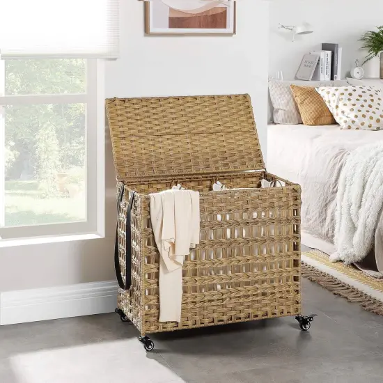 3-Basket Foldable Laundry Sorter Cart with Removable Bags and Locking Wheels for Home Tan {1}