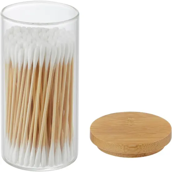 3 Pack Glass Qtip Holder Bathroom Set, Clear Apothecary Jars with Lids, Cotton Ball Swab Round Holder Bathroom Essential Canisters Accessories for Organization and Storage {5}