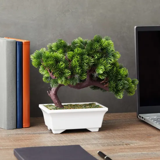 Artificial Fake Bonsai Tree for Office Desk, Potted Japanese Pine for Bookshelf Decoration, Home Decor (10 x 9 In) Green {2}
