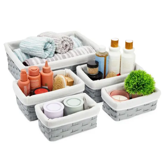 5 Pack Wicker Nesting Baskets with Cloth Lining for Pantry Shelves, Rectangular Storage Bins for Organizing Closet (Gray, 3 Sizes) Grey {6}