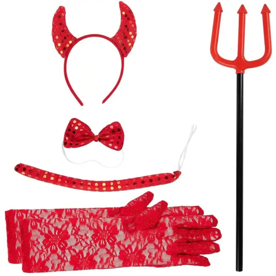 BLUE PANDA 5 Piece Devil Halloween Costume for Girls Ages 6-14 with Red Horned Headband, Bow Tie, Tail, Pitchfork, and Gloves, Complete Girls Devil Costume Set for Halloween Parties and Dress-Up {1}