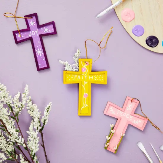 12 Unfinished Small Wooden Crosses with Gold String for DIY Crafts, Wood Cross Ornaments for Easter Tree (3.8 x 5 In) {3}