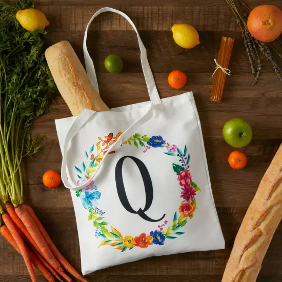 Set of 2 Reusable Monogram Letter Q Personalized Tote Bags for Women, Floral Design (29 Inches) White {2}