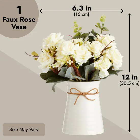 White Roses Flower Vase, Silk Artificial Flowers Arrangement with Ceramic Pot (6.3"D x 6.2"W x 12"H) {3}