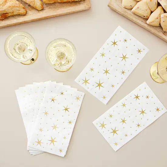 50 Pack Gold and White Dinner Napkins with Stars, Decorative Disposable Gold Foil for Baby Shower, Birthday, Holidays (3-Ply, 4 x 8 In) {3}
