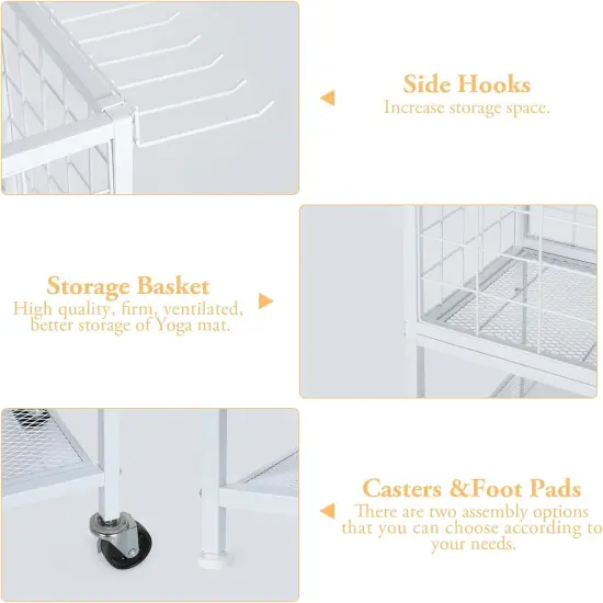 Modern Home Gym Weight White Rack with Wheels & Storage Hooks &ndash; 3-Tier Organizer for Dumbbells, Resistance Bands, Yoga Mat, and Fitness Accessories {3}