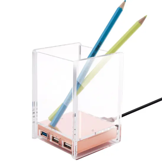 Acrylic Pen Holder with USB 3.0 Hub for Transfer Files Data, 2 in 1 Pencil Cup (Cable Included), Rose Gold Clear {2}