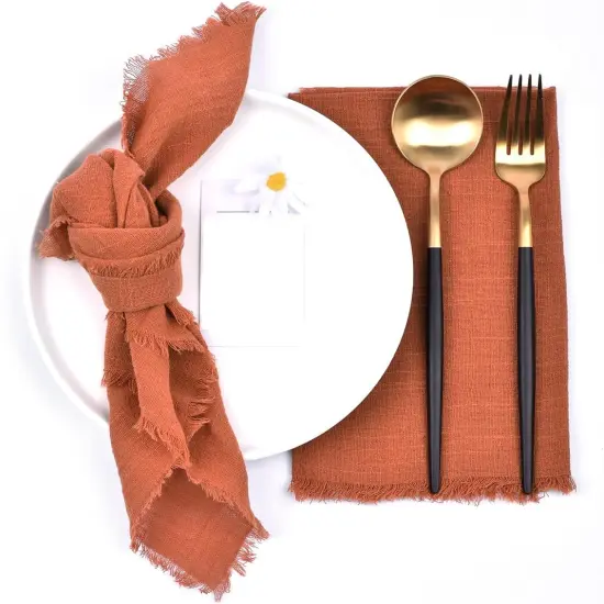 Terracotta 6 Pack Handmade Cloth Napkins Cotton Linen Easter Spring Napkins with Fringe Rustic Bulk Dinner Napkins {1}