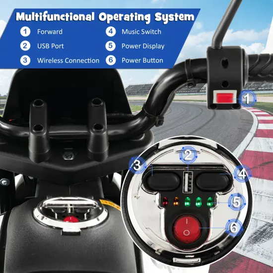 Metal 12V Kids Motorcycle with Dual Motors, Music and Training Wheels White {6}