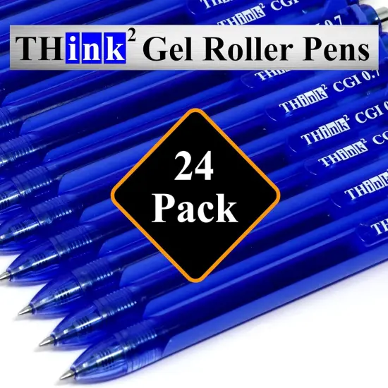 [24 Pens - Blue Ink] Think2 0.7mm CGI Retractable Gel Pens. (24 Blue) Medium Point Rollerball Pens with Smooth Quick Drying Ink. {1}