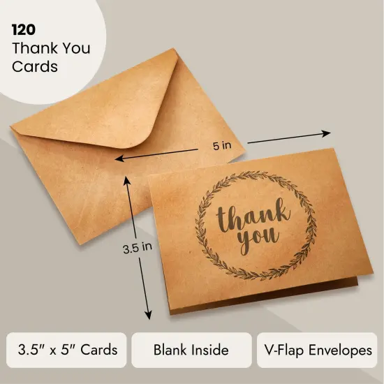 120 Pack 3.5x5-inch Bulk Kraft Thank You Cards with Envelopes - Blank Appreciation Gift Notes for Wedding, Teachers and Kids Brown {2}