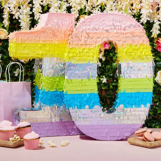 Large Number 0 Pinata for Girl's Birthday Party Decorations, Rainbow Pastel (21" x 14.7" x 4") Multicolor {2}