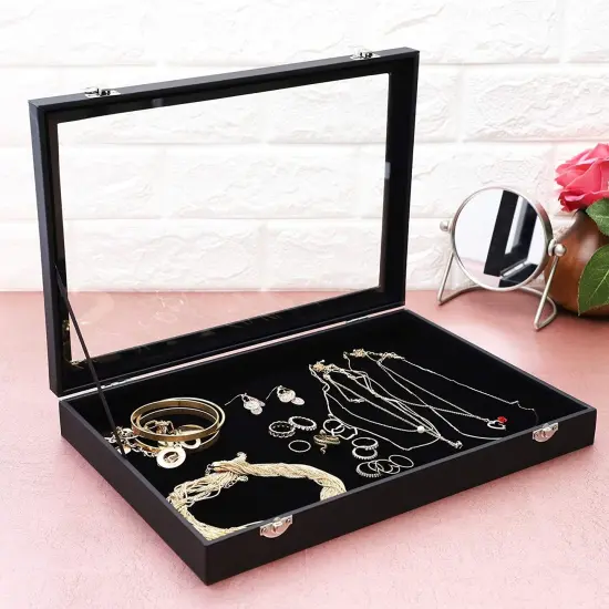 Black Velvet Jewelry Display Tray Organizer Case, Rock Collection Box for Gemstones, Crystals, Pendants (Blank Box, 13.75 x 9.5 x 2 In) {3}