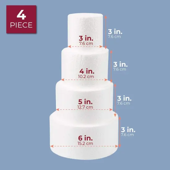 Juvale 4 Piece Round Foam Cake Dummy Set for Decorating, 12" Tall Fake Cake in Assorted Sizes for Birthday, Wedding Display (3, 4, 5, and 6 in) White {5}