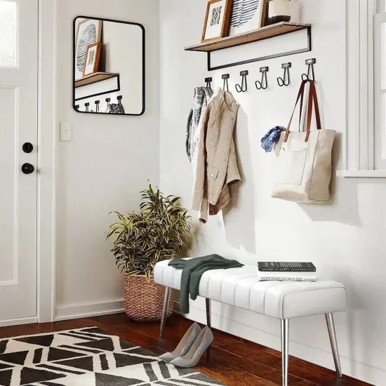 Modern Bedroom Bench with Tufted PU Leather Seat and Tapered Metal Legs for 3 Seating White {2}
