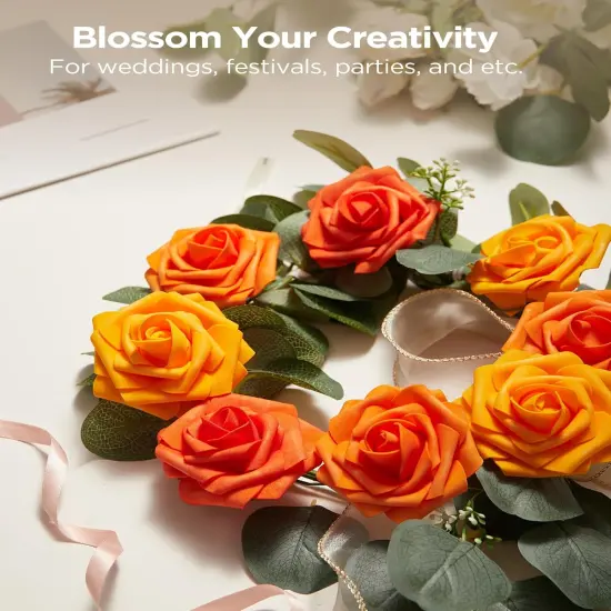 Artificial Flowers, 50 Pcs Shades of Orange Foam Fake Roses Bulk with Stems for Decoration DIY Wedding Bouquets {6}