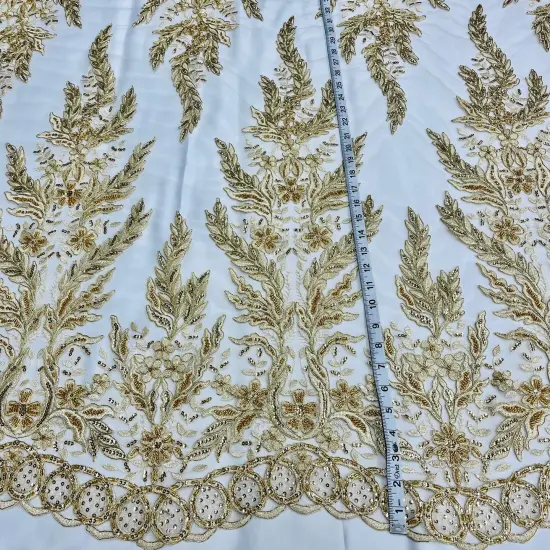 1 Yard Elegant White Beaded & Corded Embroidered Lace Fabric, 51" Wide, Bridal Fabrication for Gowns & D&eacute;cor Ivory {6}