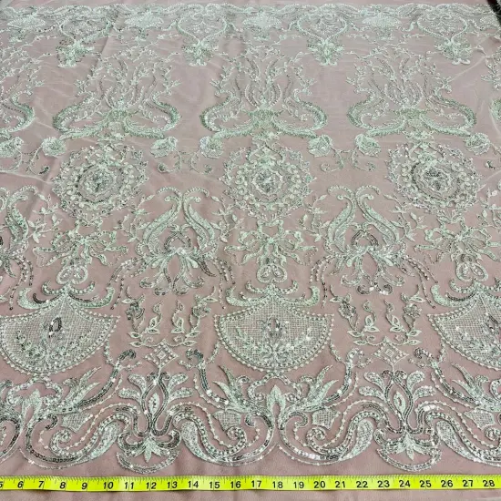 1 Yard Beaded Lace Fabric Embroidered on 100% Polyester Net Mesh, 51" Wide, Premium Lace Fabric for Dresses & Crafts Antique Silver {1}