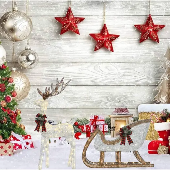 Silver Cotton Thread Deer and Sleigh Set 48" Deer & 38" Sleigh Decor {3}