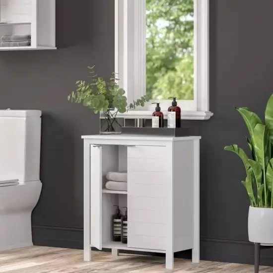 MDF Freestanding 2-Door Bathroom Linen Cabinet with Shelves White {5}
