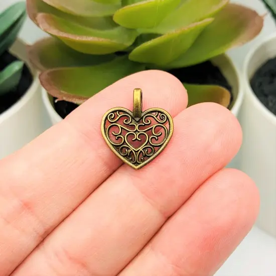 Bronze Filigree Scroll Heart Charms, 16x15mm {2}