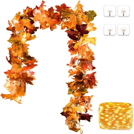 2 Pack Fall Maple Lighted Leaf Garland - 5.9Ft/Piece - 40 LED (Orange) {3}