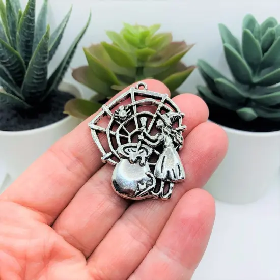 Large Silver Witch with Spider Web and Cauldron Pendant, 40x33mm {3}