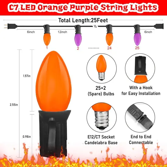 25FT Orange Purple C7 LED Halloween String Lights Outdoor {2}