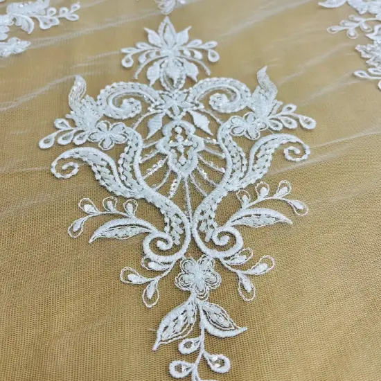 1 Yard Beaded Lace Fabric Embroidered on 100% Polyester Net Mesh, 53" Width, Premium Embroidery Lace Material White {2}
