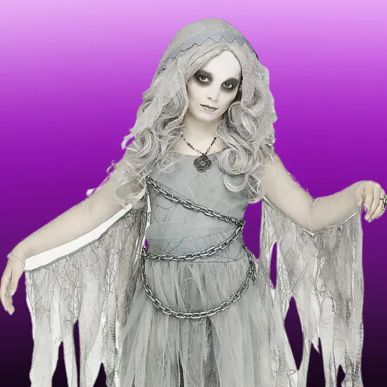 Girls Enchanted Ghost Gray Hooded Dress Costume with Chain Detail {4}