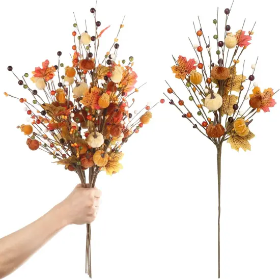 4PCS Fall Decor, 19.5Inch Artificial Red Berry/Maple Leaf/Pumpkin Floral Stems Fall Branches Decorations, for Autumn Harvest Weeding Birthday Holiday Home Vase Arrangement Indoor Decor. {1}