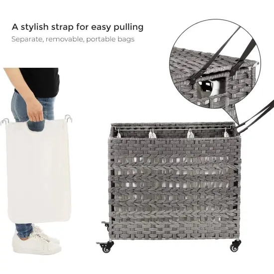 3-Basket Foldable Laundry Sorter Cart with Removable Bags and Locking Wheels for Home Grey {4}