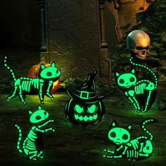 7 Pack Glow in The Dark Pumpkin and Skeleton Black Cat Yard Signs {5}