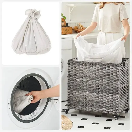 Plastic Laundry Basket Cart with Metal Frame and 3 Removable Bags Grey {4}