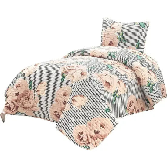 Pink Polyester Oversized Quilt Set with Stripes and Rose Floral Design {3}