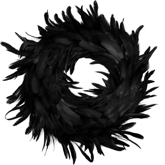 13.5" Black Natural Feathers Wreath for Halloween Decorations {1}