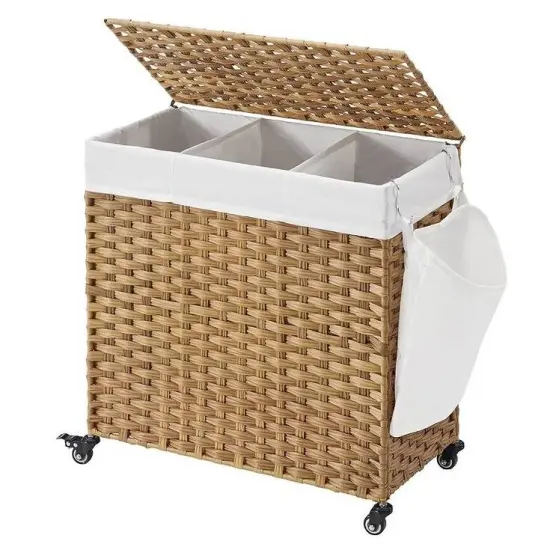 Plastic Laundry Basket Cart with Metal Frame and 3 Removable Bags Natural {7}