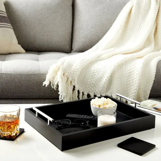 Black Serving Tray for Coffee Table, 16x12" with Coasters, Decorative Interchangeable Gold andSilver Handles {4}