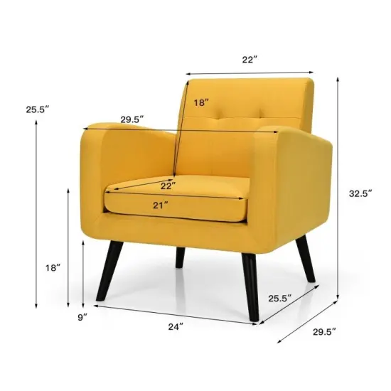 Modern Linen Upholstered Accent Chair with Soft Sponge Cushion and Rubber Wood Frame Yellow {3}