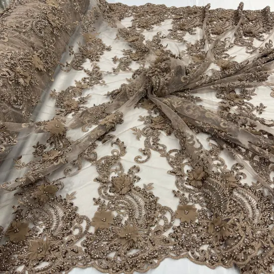 1 Yard Sage 3D Beaded Floral Embroidered Lace Fabric on Polyester Mesh, 52&rdquo; Wide Peach {4}