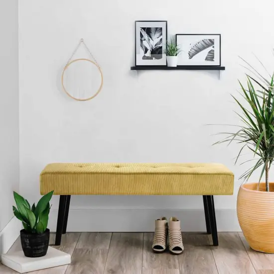 Modern Corduroy Upholstered End of Bed Searing Bench with Black Metal Legs for Living Room Yellow {3}